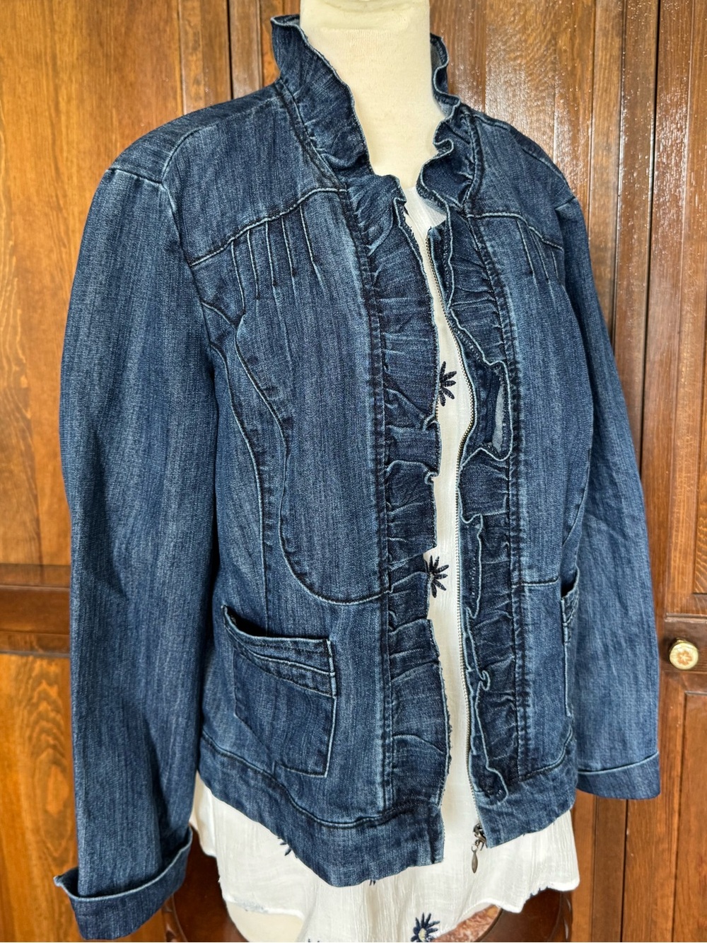 Romantic Y2K Vintage Ruffle Trim Denim Jacket Fairycore Blue Jean XL